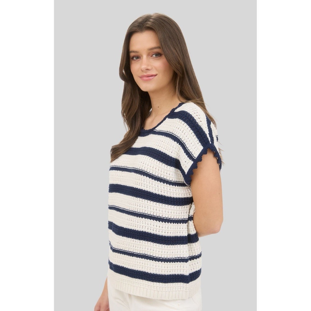 Blu Pepper Women's Short Sleeve Striped Crochet Sweater Navy Stripe Size Small - Picture 4 of 9